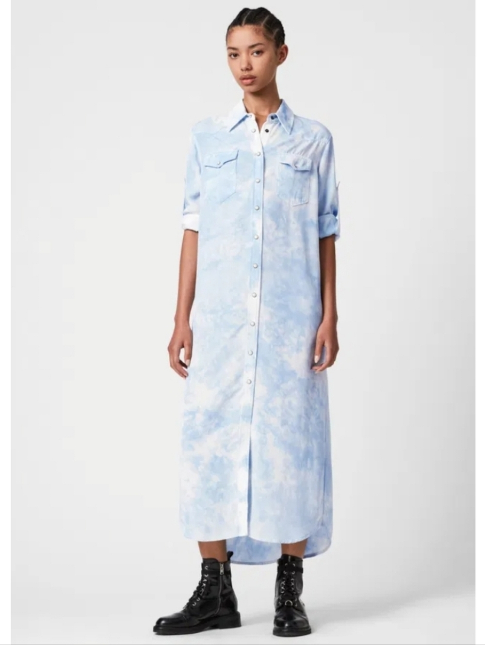 AllSaints Aliza Tie Dye Midi Shirt Dress Blue White Western Snap Utility Size 10